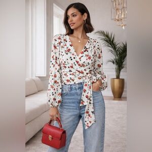 A.L.C. Carla Blouse Floral Silk Wrap Top - Cream and Red